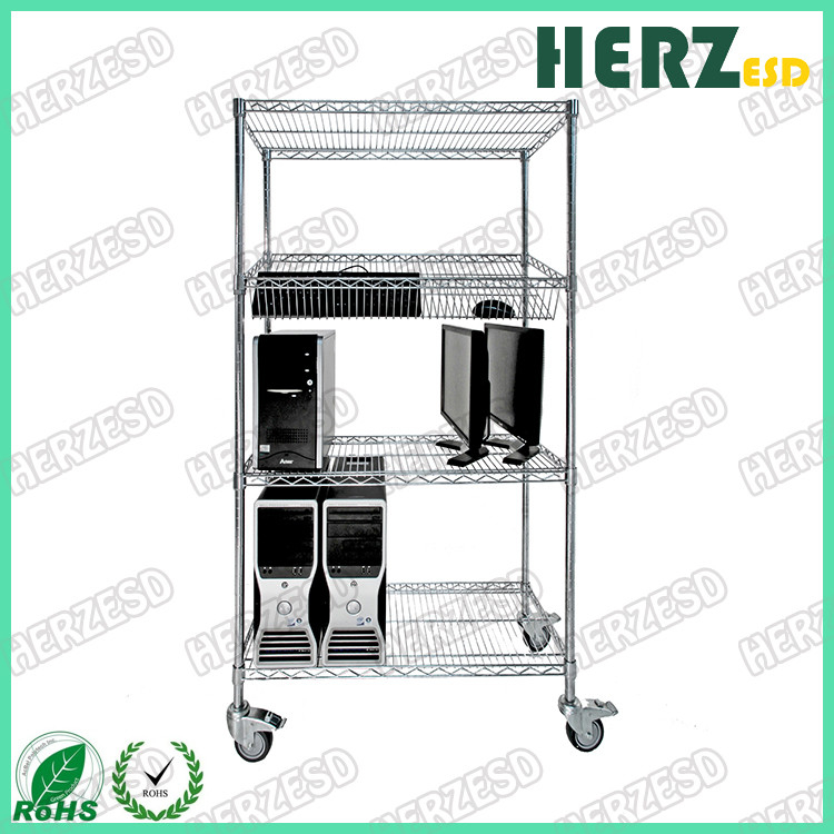 Carbon Steel ESD SMT SMD PCB Reel Storage Trolley Metal Shelf Chrome Wire Shelving Rack Trolley Cart